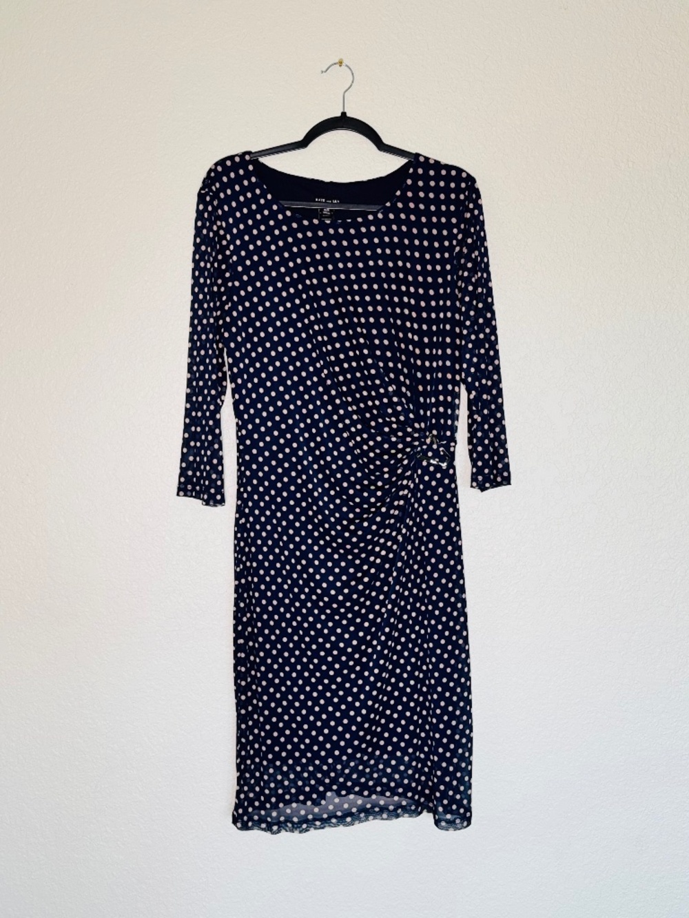 Kate & Lily Dress 16W Faux Wrap Navy Polka Dot Sheer Sleeves Classic Work Retro